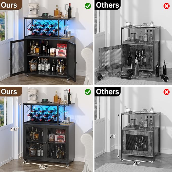 Wine Bar Cabinet with Wheels, 4-Tier Bar Cart with Power Outlets and LED Light, Liquor Cabinet Home Mini Bar with Wine Rack, Coffee Bar Cabinet for Liquor, Black