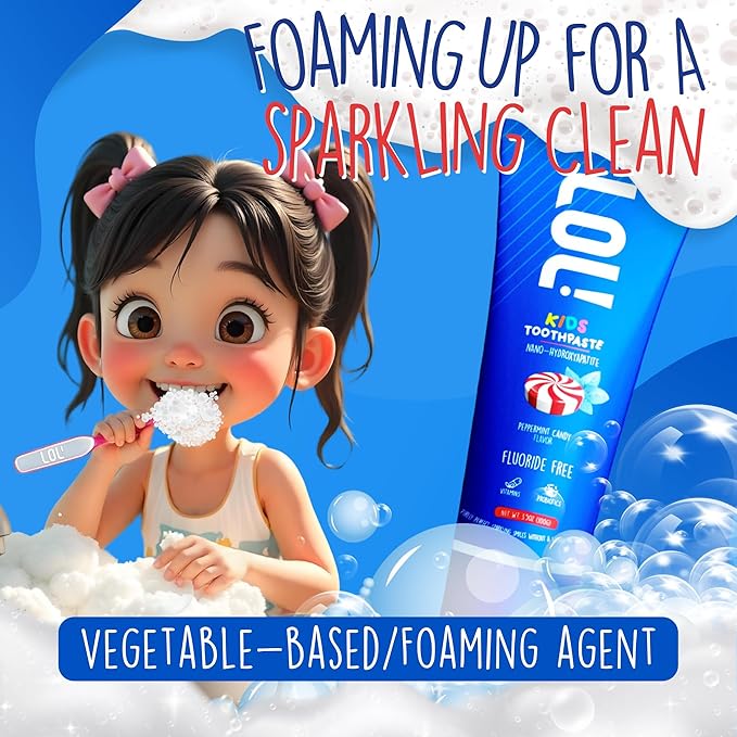 LOL Kid Toothpaste Fluoride Free, Nano Hydroxyapatite Toothpaste Kids, Probiotics & Xylitol Tooth Paste Kids | Remineralizing | Natural | Plant-Based Foam | Pasta De Dientes para Niños (Peppermint)