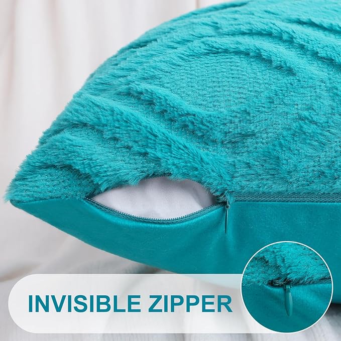 decorUhome Fall Throw Pillow Covers 16x16 Inch Set of 2, Soft Plush Decorative Faux Fur Turquoise Solid Couch Pillow Covers, Accent Farmhouse Neutral Square Euro Pillow Cases for Sofa Bed Living Room