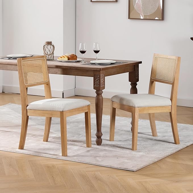 Westice Rattan Dining Chairs Set of 2, Farmhouse Natural Dining Room Chairs with Upholstered Cushion, Wood Armless Chairs for Kitchen/Restaurant