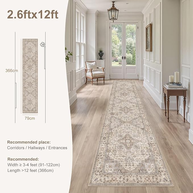 Washable 2.6x12 Runner Rug - Area Rugs Neutral Vintage Distressed Floral Farmhouse Boho Large Soft Floor Rug Indoor Carpet for Hallway Entryway Kitchen Home - Brown/Multi