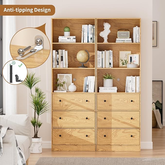 71" Tall Bookshelves Set of 2, Bookcases with Drawers, Bookshelves with Storage, Wooden Bookshelf with 3 Drawers & 3-Tier Open Shelves,Home Decor Furniture for Living Room,Bedroom,Home,Natural