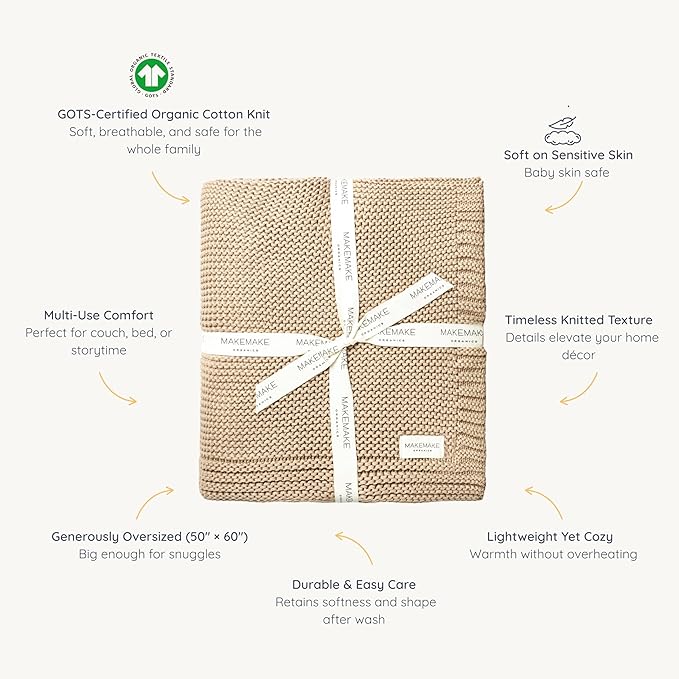 MakeMake Organics Organic Cotton Throw Blanket GOTS Certified Organic Knit Blanket Couch Bed Neutral Fall Colors Soft Cotton Throw Blanket Large (50x60, Sand)