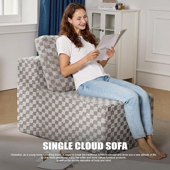 Single Sofa 1 Seat Couch with Deep Seat Memory Foam Cloud Chair with Pillows Large Sofa with L Shape for Living Room Bedroom (Plush Grey, Single)