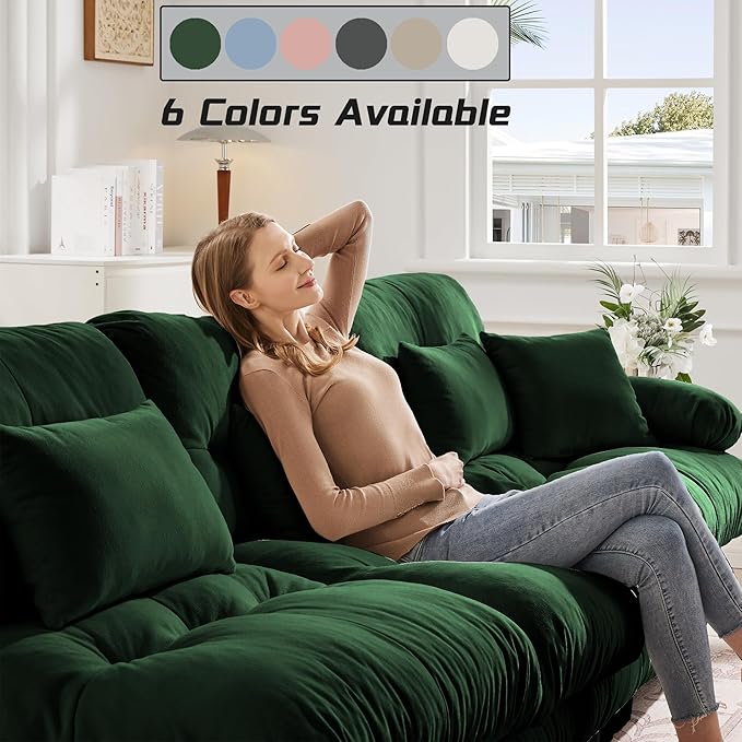 Modular Sectional Sofa, Comfy Cloud Couch 4 Seater Couch, Sectional Couches for Living Room, Modern Chenille Oversized Couches for Bedroom, Sleeper Deep Seat Sofa with Throw Pillows, Green