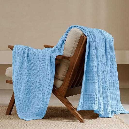 PHF 100% Cotton Waffle Weave Throw Blanket, Soft Lightweight Breathable Cozy Summer Throws for Couch Bed Sofa, Luxury Aesthetic Woven Blanket for Home Decor & Office, 50"x60", Sky Blue