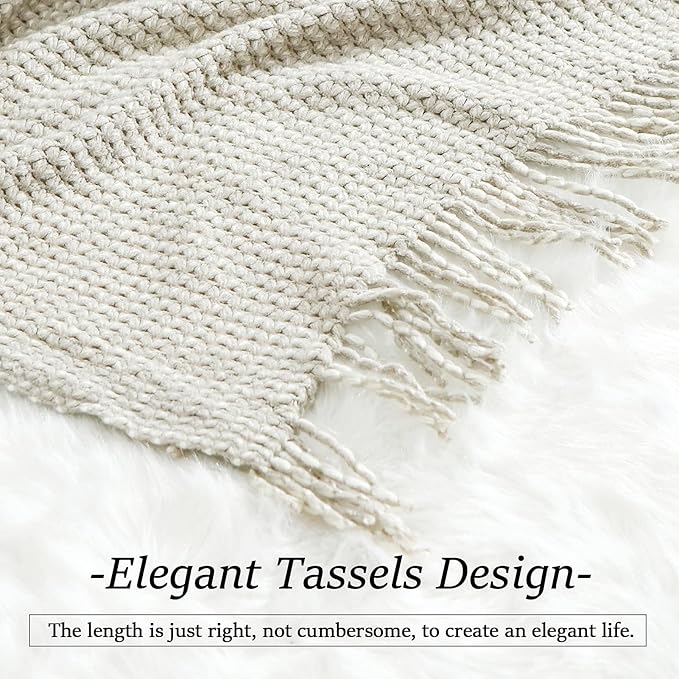 Blagic Grey and White Knit Throw Blanket with Tassel Home Decor Blanket Holiday Throw Wrap Shawl Scarf, Lightweight Soft Cozy Warm Fluffy, Wheat Textured, 60" W x 80" L