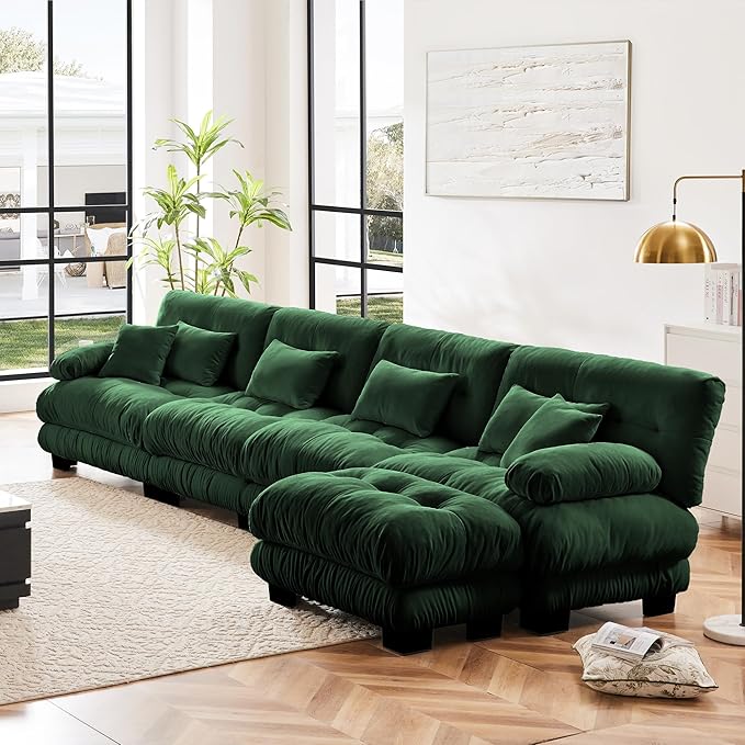 Modular Sectional Sofa, Comfy Cloud Couch 4 Seater Couch with Ottoman, Sectional Couches for Living Room, Modern Chenille L Shaped Couches, Sleeper Deep Seat Sofa with Throw Pillows, Green