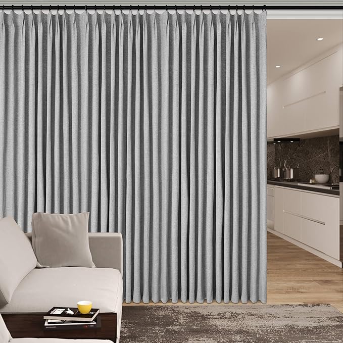 150 Inches Extra Wide Room Divider Draperies, Pinch Pleat Drapes, Absolutely Blackout Sliding Door Drapery, Total Privacy Ceiling Track Curtains, 150" W by 84" L, Light Grey (1 Panel)