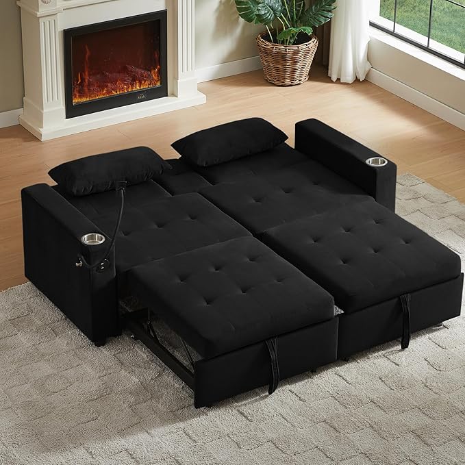 70" Queen Size Sofa Bed for Living Room – Pull-Out Sleeper Sofa Couch with Cup Holder, Phone Holder, USB Charging Port, Solid Wood Frame, Easy Assembly, Space-Saving Design for Small Apartments