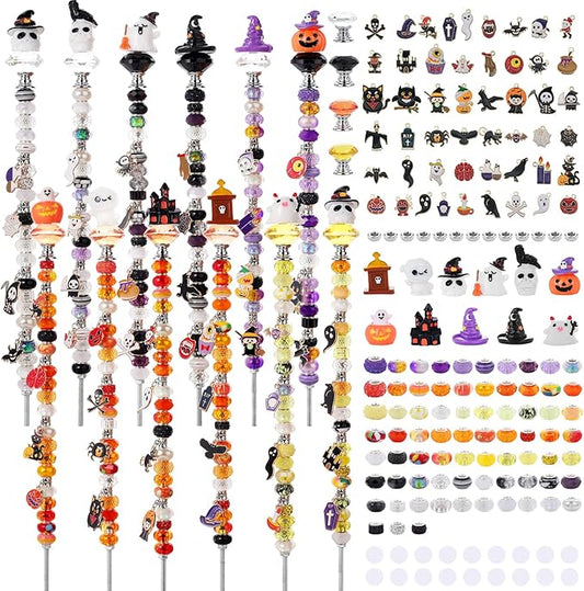 358PCS Halloween Beaded Garden Stakes, DIY Halloween Fairy Wand Garden Stake Decorative Kit with 12 in or 10 in Threaded Rod, Crystal Top, Large Holes Bead, Pendant for Outdoor or Indoor Decoration