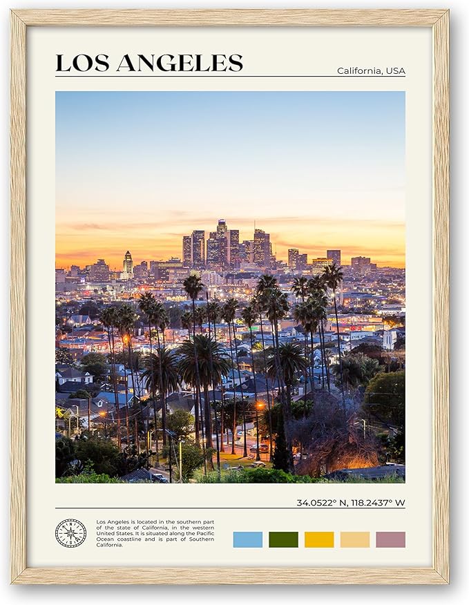 HesenDot Natural OAK Wood Los Angeles Cityscape Framed Wall Art,12x16in City Skyline Canvas Wall Print,Modern Urban Landmark Wall Decor for Living Room,Bedroom,Office Gallery Gifts Set of 1