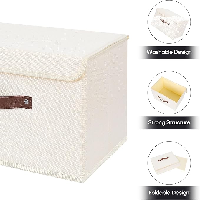 ANMINY Storage Bin with Lid Storage Boxes with PU Leather Handles PP Plastic Board Decorative Foldable Lidded Cotton Linen Fabric Home Cubes Baskets Closet Organizer Container - Beige, Large Size