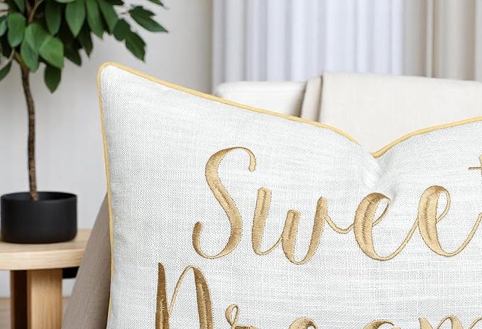 Rudransha 12x18 Sweet Dreams Lumbar Pillow Cover - Embroidered Elegant Throw Pillowcase - Decorative Cushion for Bed, Sofa, Kids Room, Reading Nook - Soft Neutral Accent - Ivory (Beige Thread)