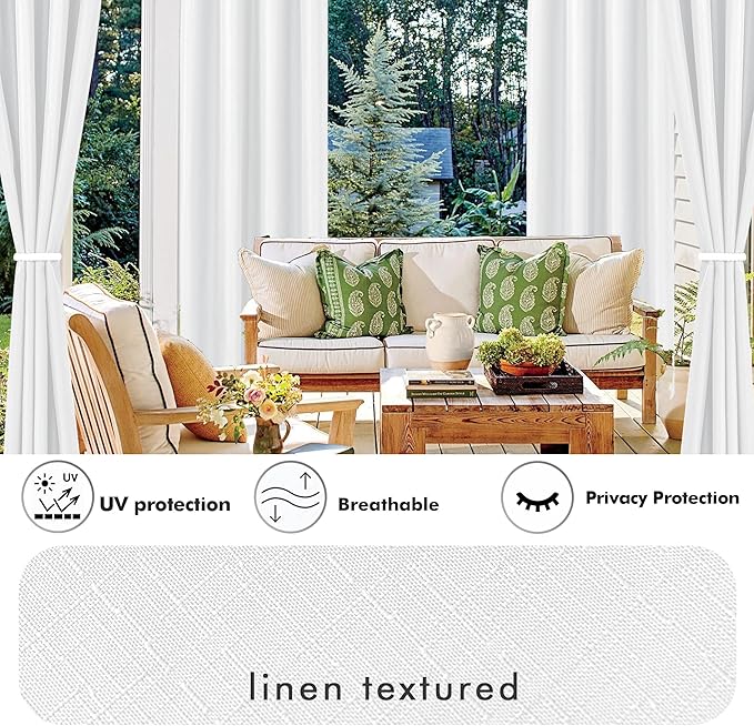 HolidayIdeas 4 Panels Linen Outdoor Curtains for Patio Waterproof White Curtains 84 Inch Length Set-Wide Curtains Weatherproof, Privacy, Textured for Pergola, Porch, Gazebo-110 Wide x 84" Long