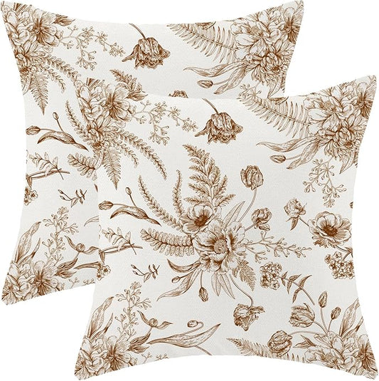 CXMEIFLY Spring Floral Leaves Pillow Covers 20 x 20 Inch Set of 2 for Chinoiserie Flowers Decor Throw Pillows Brown and White Seasonal Plant Outdoor Decorative Cushion Cases for Couch Bed Decorations
