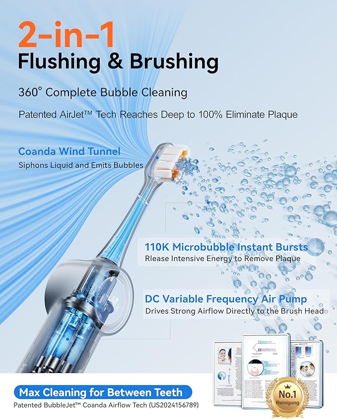 RANVOO [Vibrating & Flossing 2-in-1 AirJet Bubble Sonic Electric Toothbrush, 100% Plaque Removal, Whiter for Adult Protect Gum Orthodontic Teeth Clean Rechargeable Gift with 2 Soft Brush Heads Grey