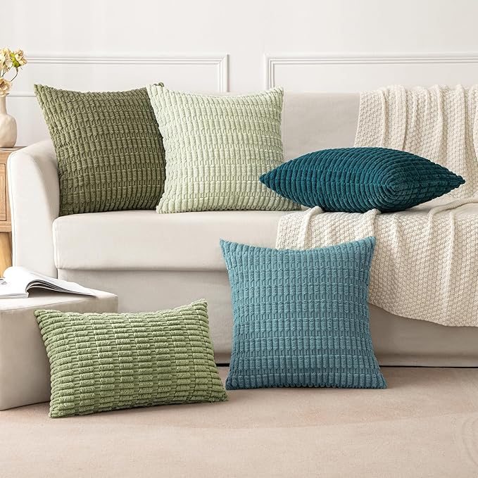 MIULEE Pack of 2 Corduroy Decorative Throw Pillow Covers 16x16 Inch Soft Boho Striped Pillow Covers Modern Farmhouse Home Decor for Summer Coastal Sofa Living Room Couch Bed Coastal Blue