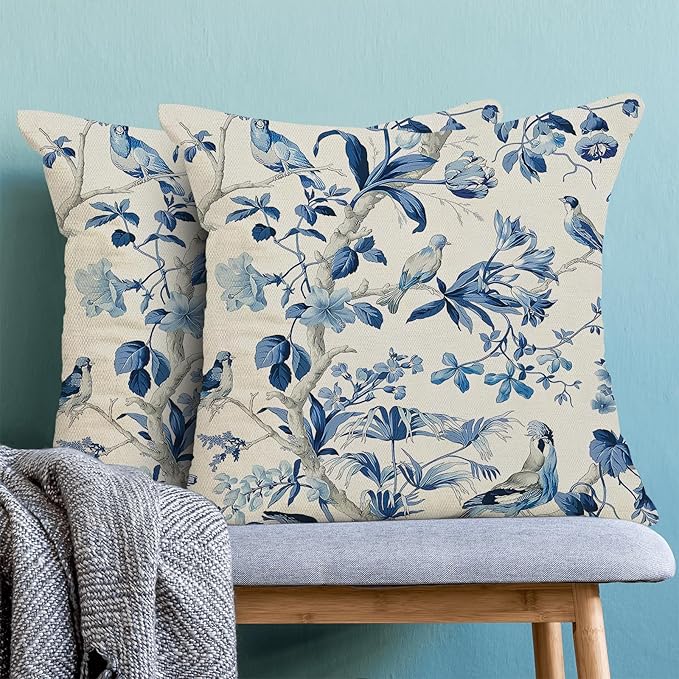 CXMEIFLY Navy Blue Spring Floral Pillow Covers 18 x 18 Inch Set of 2 for Chinoiserie Flowers Bird Decor Throw Pillows Vintage Plant Outdoor Decorative Cushion Cases for Couch Bed Decorations