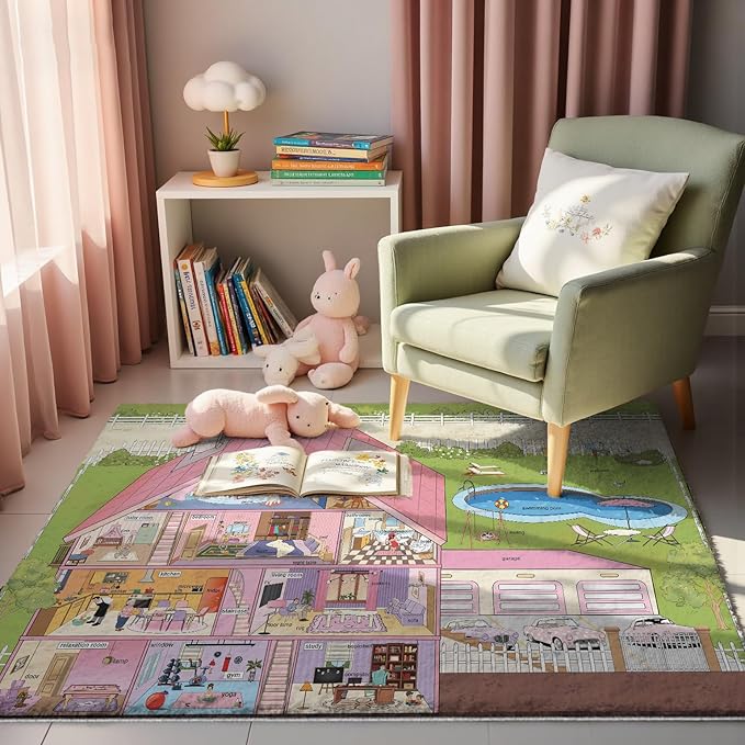 5x7ft Kids Doll House Play Rug,Non-Slip Faux Wool Carpet with Interactive English Words, Educational House Rooms Design for Playroom, Bedroom, Nursery Gift