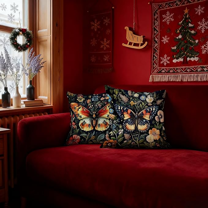 William Morris Inspired Butterfly Pillow Covers 18x18 Set of 2, Butterfly Room Decor, Dark Cottagecore Floral Botanical Moth Decorative Throw Pillow Covers for Home Bedroom Living Room