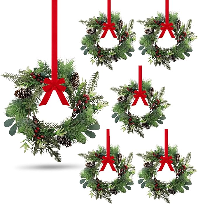 6 PCS 9" Small Christmas Norfolk Wreaths Mini Cabinet Wreaths for Kitchen with Red Berry Pinecone Cedar Bows Snowy Pine Wreath for Xmas Front Door Window Fireplace Home Table Pillar Stairs Decor