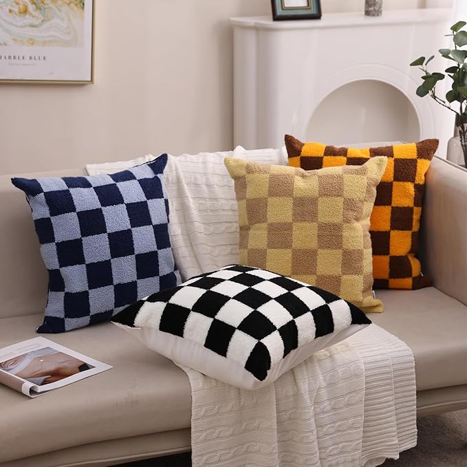 Alysheer Checkered Embroidered Decorative Throw Pillow Covers 18"x 18" Set of 2, Farmhouse Cottage Cream Ivory Plaid Tufted Patterned Cotton Canvas Cushion Case for Sofa Couch Bed Living Room
