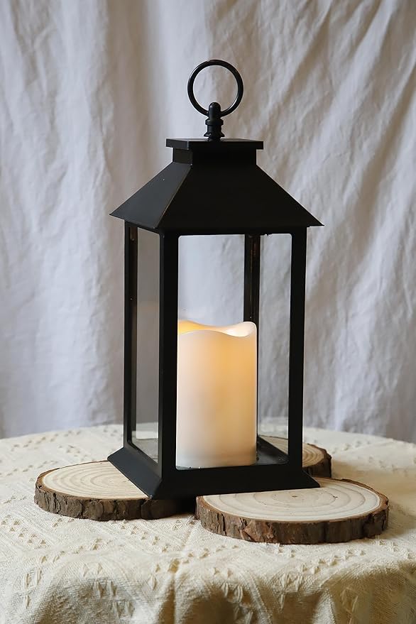 YAKii Hanging Glass Panes Lantern Portable Led Lantern Decorative Operated by 3AAA Battery Use for Garden Yard, Indoor Decoration Candle (Black)