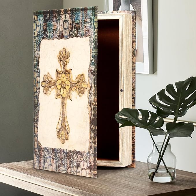 Vintage Style Wooden Decorative Book Box - Faux Leather, Christian Cross Pattern, Gift Idea