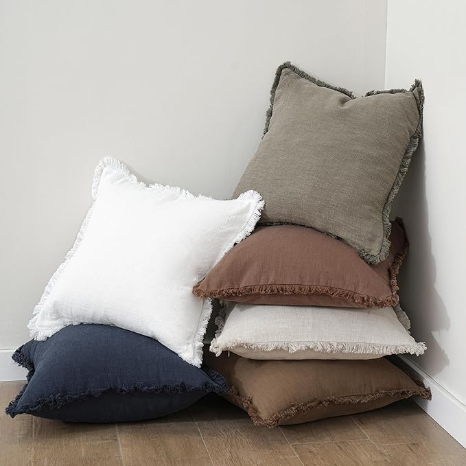 Foindtower Decorative Linen Fringe Throw Pillow Covers Cozy Boho Farmhouse Cushion Cover with Tassels Soft Accent Pillowcase for Chair Sofa Bed Living Room Home Decor, 24×24 Inch, 1PC, Navy Blue