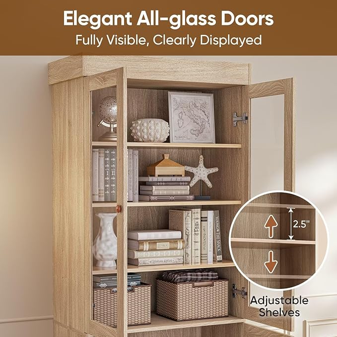 Vyre 71" Tall Farmhouse Bookshelves with Glass Doors, Set of 2 – Large Modular Bookcase with Adjustable Shelves, Storage Cabinet for Living Room, Kitchen, Home Office, Brown