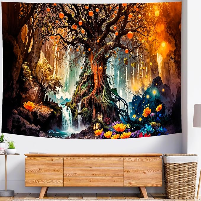 Delur Magical Forest Tapestry Fantasy Tree of Life Fairy Tale Enchanted Mystical Forest Tapestry Psychedelic Nature Landscape Wall Hanging Headboard for Bedroom Living Room Home Decor (70.8" x 92.5")