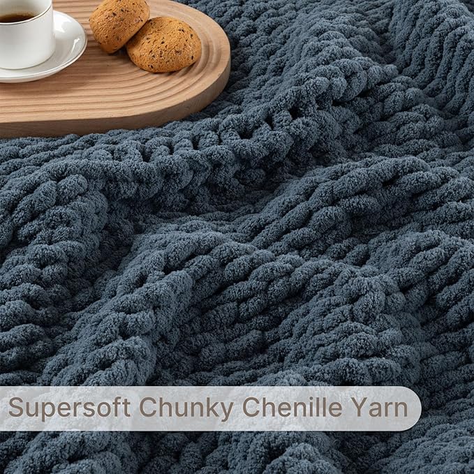 Chunky Knit Blanket Throw, 100% Hand Knit Throw Blanket Handmade Chenille Cable Knit Throw for Couch, Stylish Cozy Soft Rope Knot Crochet Blanket for Home Decor, Blue Mirage, 50x60 Inches