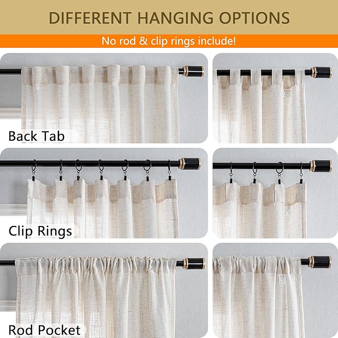 MYSKY HOME Linen Curtains for Living Room, Natural Semi Sheer Curtains & Drapes 84 inches Length 1 Panel Set Farmhouse Country Boho Style Back Tab Draperies for Sliding Glass Door, 100" Wide, Linen