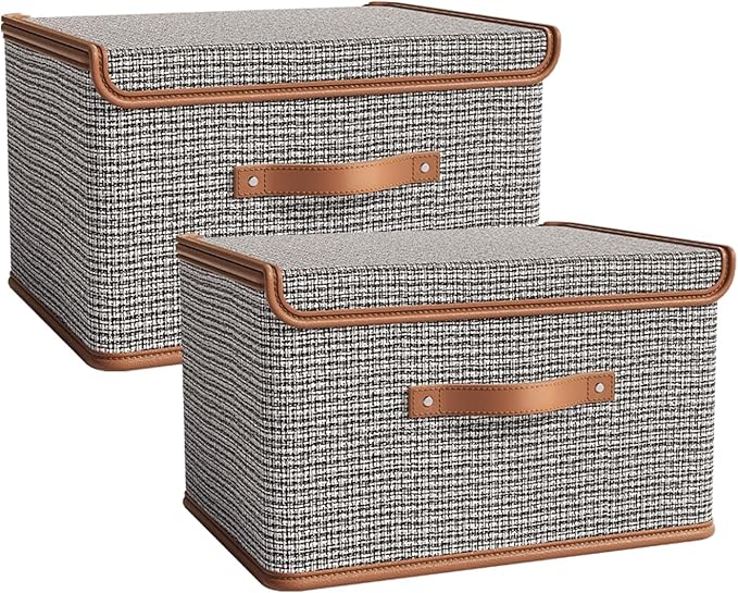 Tuza 2 Pack Storage Bins with Lids, Collapsible Closet Organizer Container, Fabric Organizer Box with Handles, Decorative Storage Boxes with Lids for Organizing Clothes, Blanket, Light Grey, Medium
