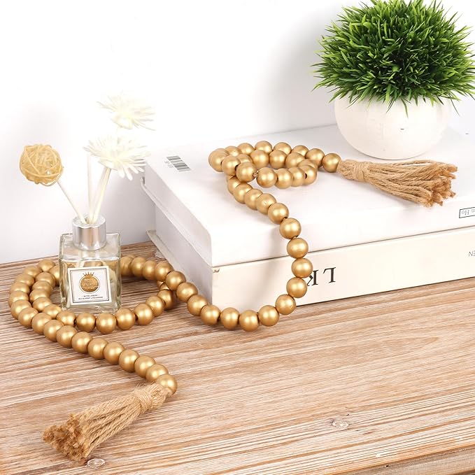 58in Wood Bead Garland with Tassels, Farmhouse Rustic Country Decor Prayer Boho Wall Hanging Decoration (Gold)