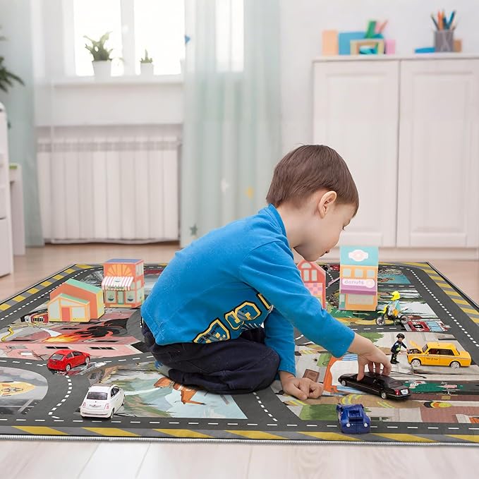 5x7ft Kids Fire Department Missions Play Rug,Non-Slip Faux Wool Carpet with Interactive Fire Department Missions Design for Playroom, Bedroom, Nursery Gift