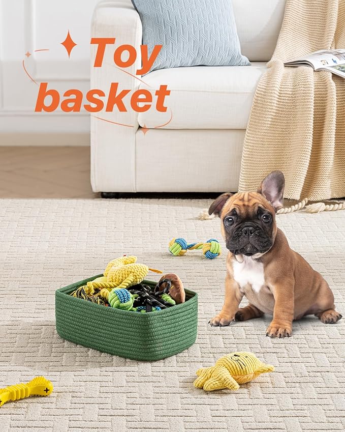 KALLAX Small Woven Basket, 12 x 8 x 4.5 Inches, Storage Basket for Organizing, Cute Small Rope Shelf Closet Cube Storage Bins Baskets for Shelves, Dog Toy Gift Baskets Empty, 3 Packs, Green