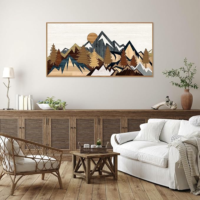 SIGNINART Large Mountain Framed Canvas Wall Art, Boho Sunrise Wilderness Wall Decor, Vintage Forest Nature Artwork, Modern Farmhouse Woodcut Style Art Prints for Living Room Bedroom, Office 20"x40"