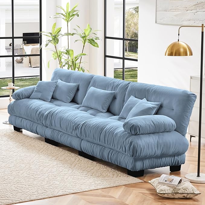 Modular Sectional Sofa, Comfy Cloud Couch 3 Seater Couch, Sectional Couches for Living Room, Modern Chenille Oversized Couches for Bedroom, Sleeper Deep Seat Sofa with Throw Pillows, Blue