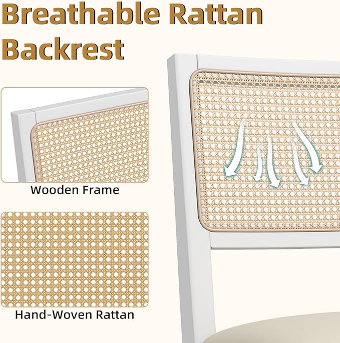 Westice Rattan Dining Chairs Set of 4, Farmhouse Natural Dining Room Chairs with Upholstered Cushion, Wood Armless Chairs for Kitchen/Restaurant, White