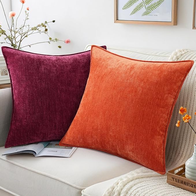 decorUhome Christmas Couch Throw Pillow Covers 20x20 Set of 2, Decorative Soft Euro Neutral Chenille Pillow Covers with Elegant Design for Sofa Bed Living Room Home Decor, Rhododendron