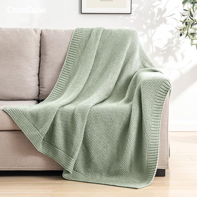 CozeCube Sage Green Throw Blanket for Couch, Soft Cozy Cable Knit Throw for Bed Sofa Living Room, Lightweight Warm Decorative Farmhouse Christmas Blanket, 50"x60", Sage Green