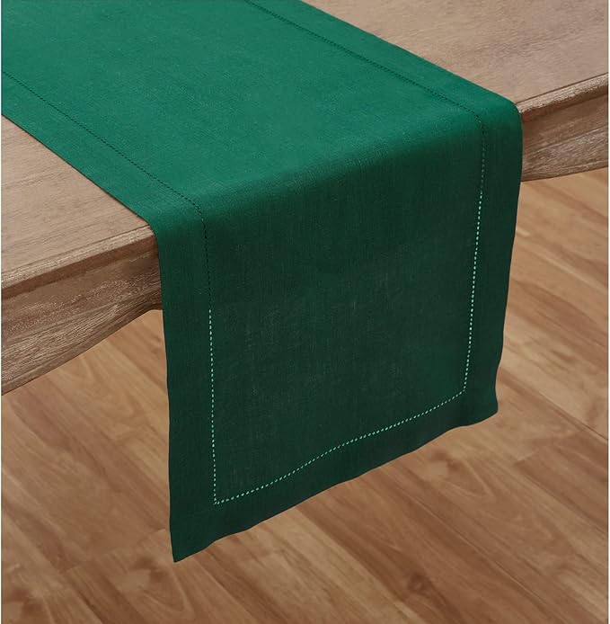 Solino Home Linen Table Runner 96 Inches Long - 100% Pure Linen Rainforest Green Table Runner 14 x 96 Inch for Fall, Autumn, Thanksgiving - Classic Hemstitch