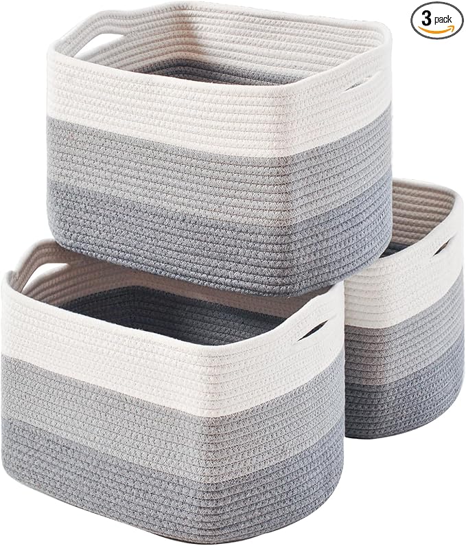 Storage Baskets for Organizing Shelves, Woven Cotton Rope Baskets for Storage Books Towels Toys, Organizing Baskets, Toy Basket for Nursery Bathroom, 15"x11"x9.5", 3 Packs, Gradient Grey
