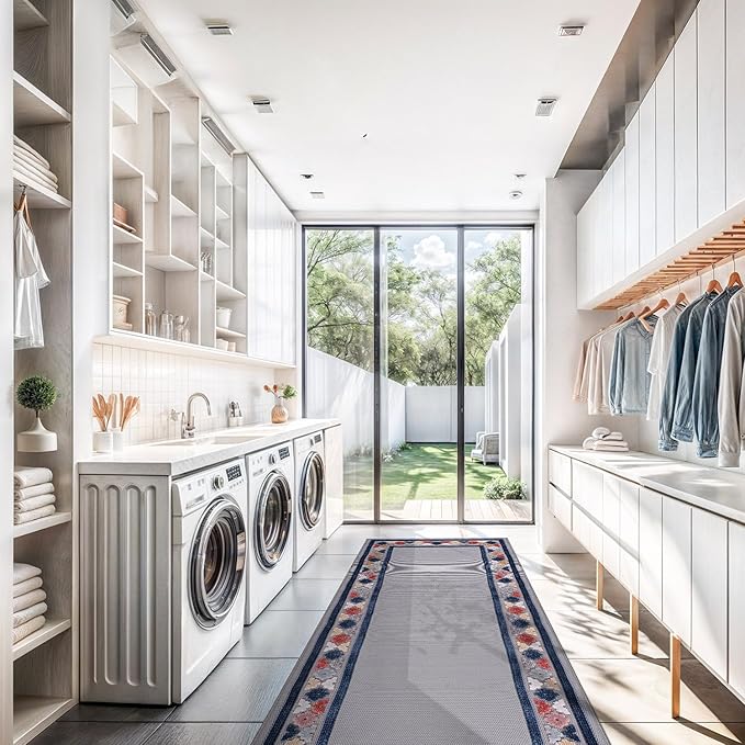 Beverly Rug Outdoor Runner Rug 2x7 Modern Floral Bordered Area Rugs for Indoor and Outdoor Patio Easy to Clean Non Shedding Living Room Porch Garden Washable Outside Carpet (2 x 7 Gray)