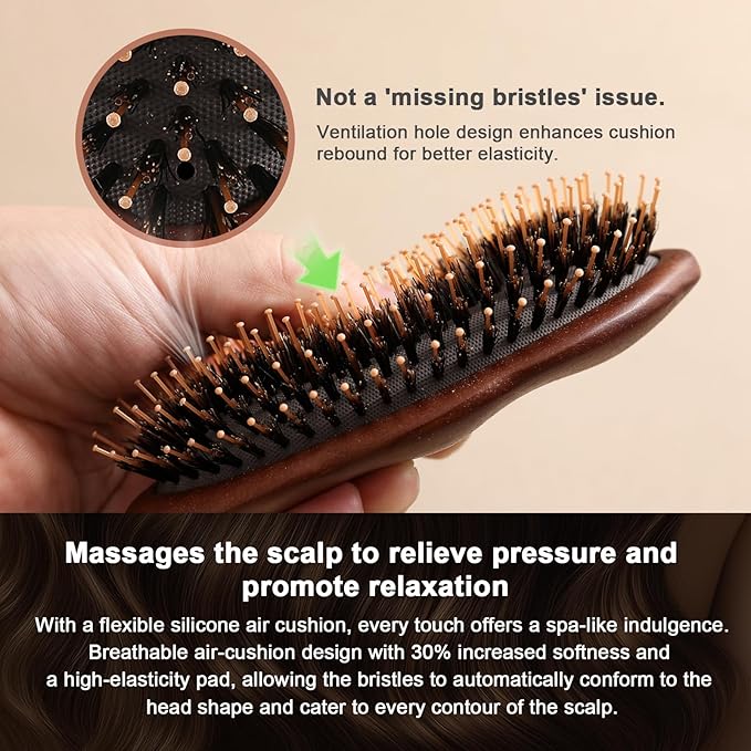 Premium Solid Wood Hair Brush, Nylon & Boar Bristle With Cushion Base, Exquisite Design, Detangling Hairbrush for all hair types