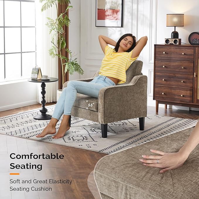 VINGLI Accent Chairs Set of 2 Living Room Chairs Light Brown Reading Chair for Bedroom Scooped Arm Chair Mid Century Modern Accent Chairs Upholstered Comfy Chair for Apartment, Waiting Room