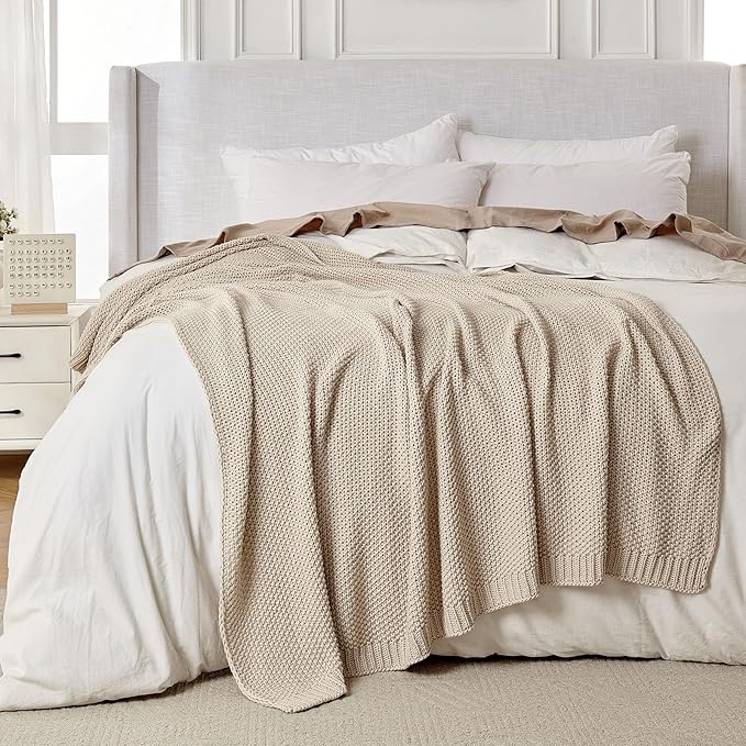 Joydeco Chunky Cable Knit Throw Blanket, Lightweight 100% Organic Cotton Soft Cozy Throw Twin Blanket for Couch Bed and Sofa, Rustic Breathable Farmhouse Blanket Gift for Women Men(Beige, 60"x80")