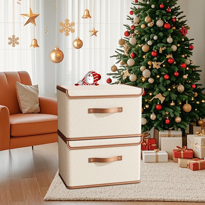 Tuza 2 Pack Storage Bins with Lids, Collapsible Closet Organizer Container, Fabric Organizer Box with Handles, Decorative Storage Boxes with Lids for Organizing Clothes, Blanket, White, Extra Large